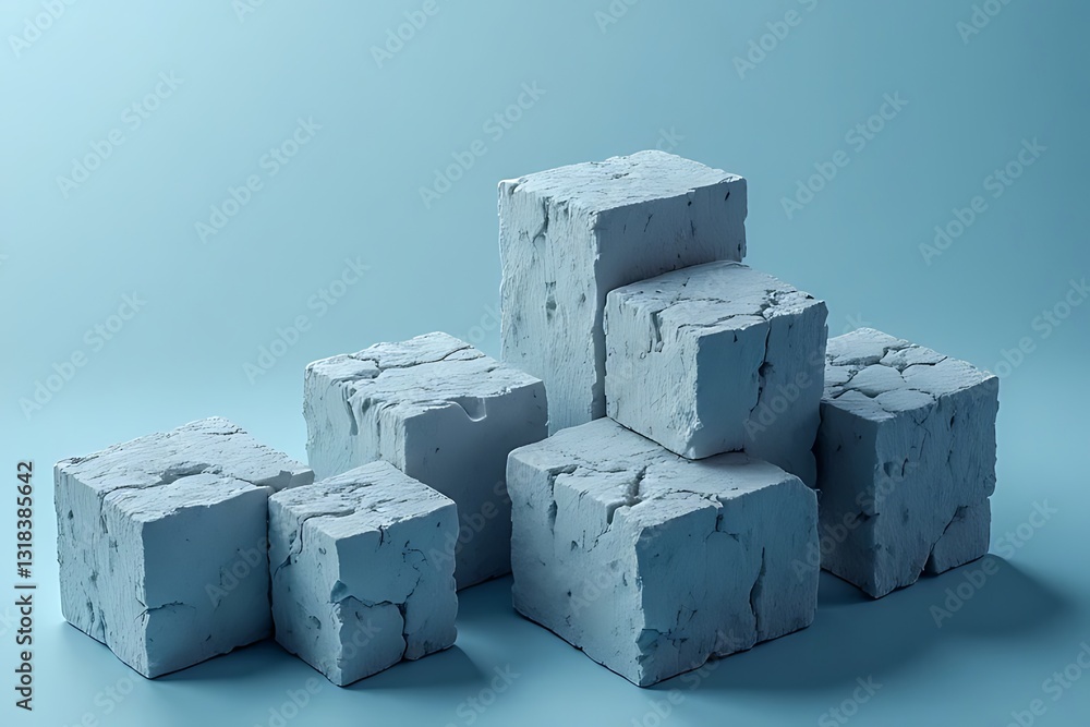 Poster artistic display of textured white blocks on blue background abstract composition studio environment