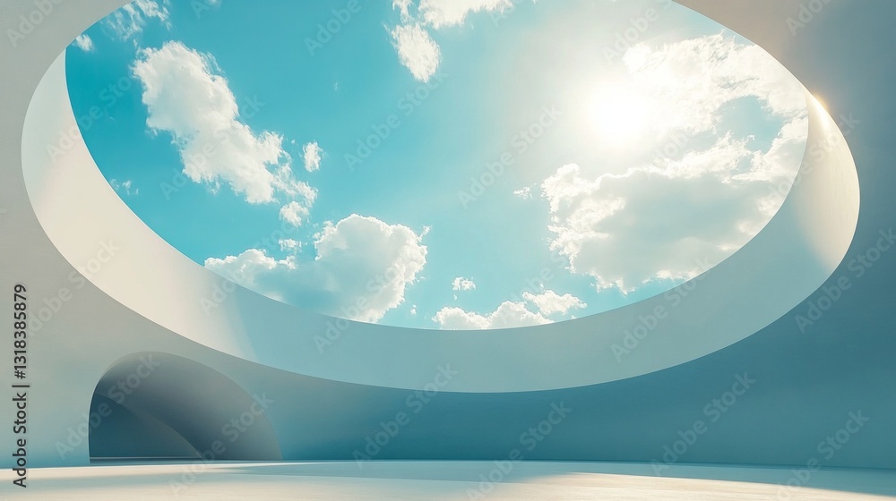 Poster A captivating space showcases modern architecture with a circular skylight. Sunlight streams through, illuminating the soft curves of the structure while clouds drift lazily above