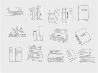 Books outline sketch set. Bookstore, library line symbols. Pile of books silhouettes. Closed and open books. Library, book shop icons. Set of books doodles. Hand drawn library doodle set. Vintage Book