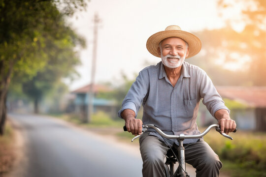 An old man riding a bicycle through a peaceful countryside road, wearing a sun hat and enjoying the breeze. - Powered by Adobe