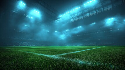 Empty soccer stadium at night under spotlights