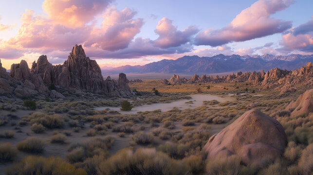 Vibrant pastel sunset paints serene desert landscape, cotton candy clouds drift above rocky mountains, casting warm, tranquil glow