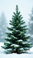 Fototapeta premium Evergreen tree against snowy white background, green, holiday