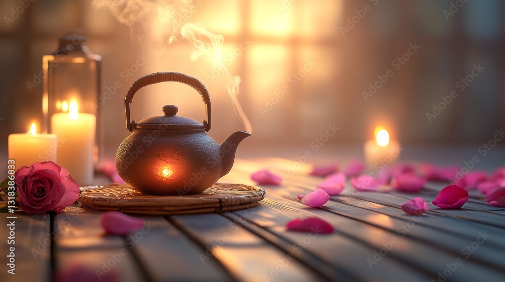 Poster a tranquil setting features a steaming tea kettle at the center, surrounded by flickering candleligh