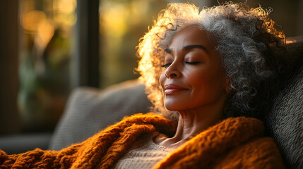 Relaxed Senior Woman On Couch Golden Light