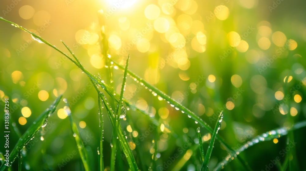 Poster soft rays of sunlight filter through trees, illuminating dewdrops on vibrant green grass. the tranqu