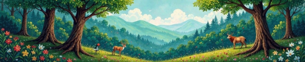 Fototapeta premium Chalkboard drawing of a forest landscape with trees and wildlife in watercolor style , forest, chalkboard art, nature
