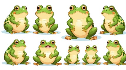 Obraz premium Set of cute chubby frog in various poses on white background. Reptile fat funny animal character cartoon design. Kawaii. Image for card, poster, sticker. Vector. Illustration.