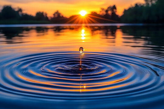 Sunset Reflections: Water Drop Creating Ripples on a Calm Lake Surface