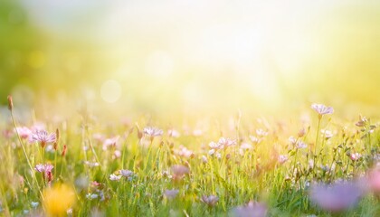 Colorful flower meadow with flowers in pastel hues with sunbeams in summer