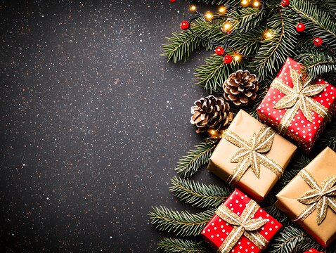 A celebratory green and red background with presents, twinkling lights, and festive decorations, perfect for conveying the warmth and cheer of a holiday celebration