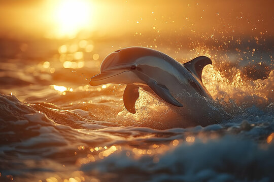 Dolphin Swimming in Golden Light Ocean Waves for microstock needs