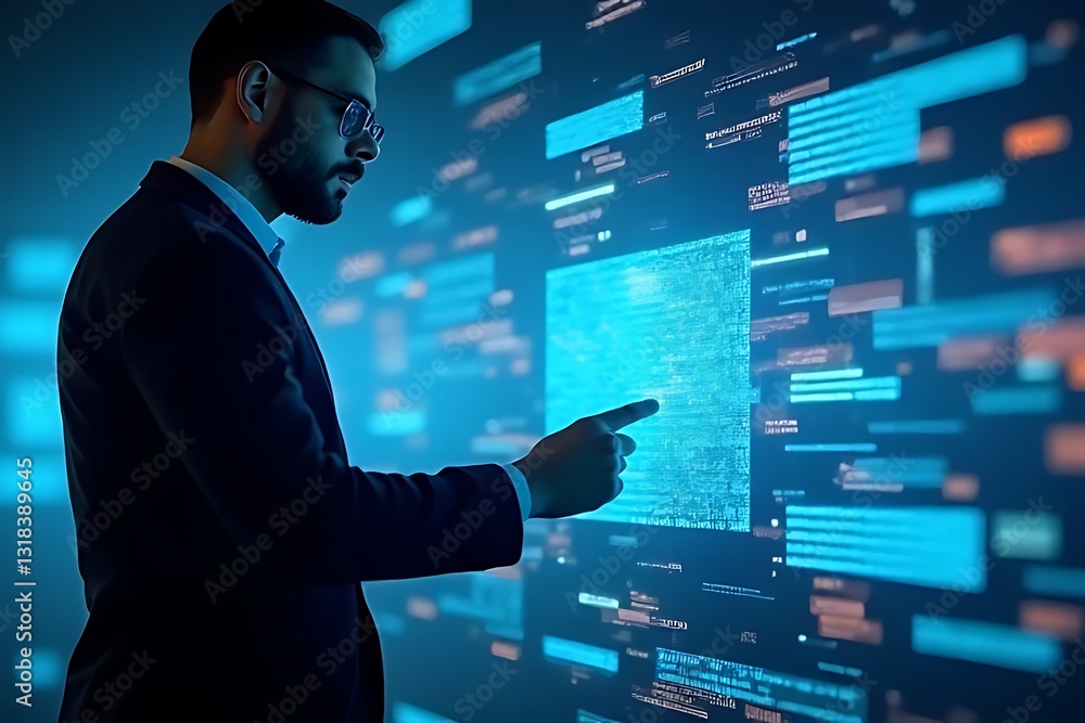 Poster digital interaction of a business professional engaging with data visualization in a modern office e
