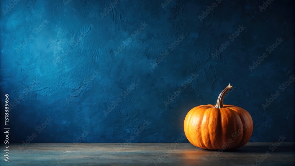Poster a lone pumpkin sits on a wooden surface in front of a deep blue textured wall, creating a simple yet
