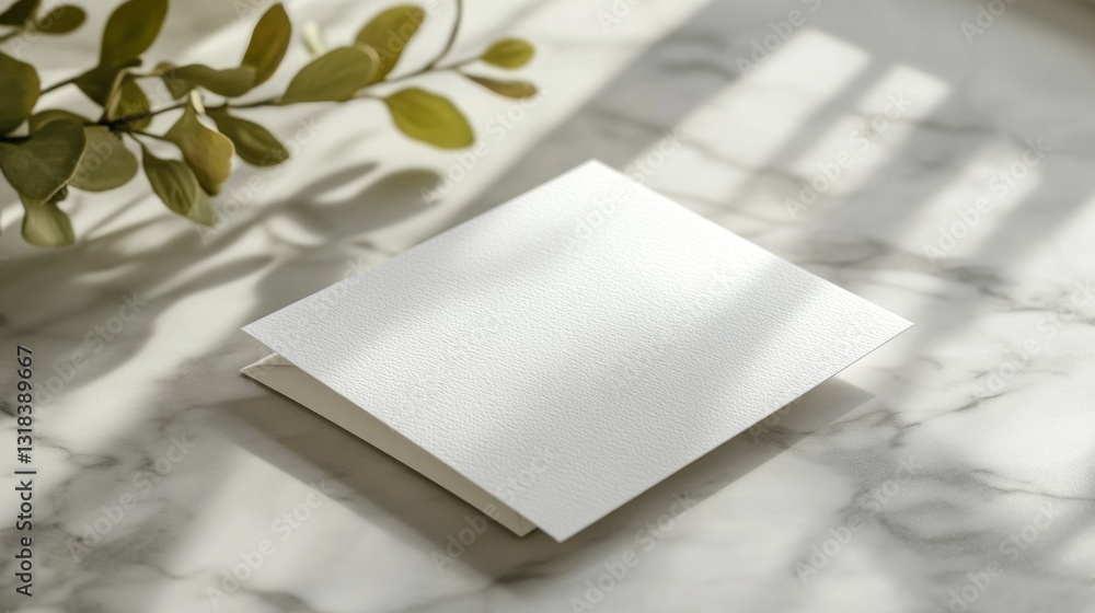 Poster a pristine white card lies on a smooth marble surface, casting delicate shadows as sunlight filters 