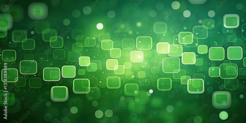 Poster Abstract Green Background with Glowing Squares and Bokeh Lights