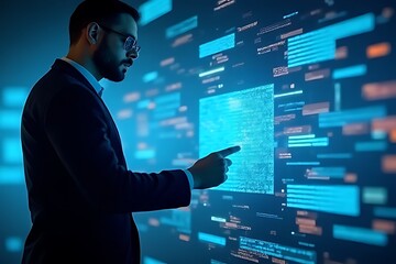 Digital interaction of a business professional engaging with data visualization in a modern office environment