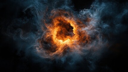 Fototapeta premium Fiery explosion dances; vibrant orange and yellow flames encircle a mysterious black void, swirling energetically at the edges. 
