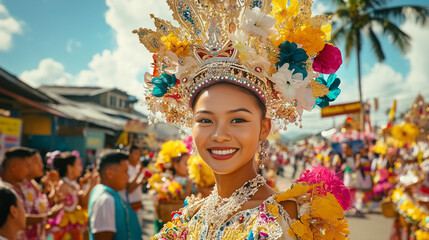 Fototapeta premium Santacruzan, Filipino religious procession, Reyna Elena crowned with sparkling jewels, Emperor Constantine in intricate ceremonial robes, streets adorned with vibrant flower arches and banners