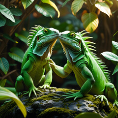 Fototapeta premium Iguanas touching each others heads