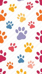 Fototapeta premium Colorful dog paw print seamless pattern on a white background, puppy, toy, wallpaper