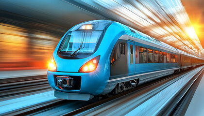 Fast Blue Train Moving Through Tunnel at Sunset