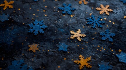 Obraz premium A festive holiday scene with blue and gold snowflakes, symbolizing luxury, elegance, and the magic of winter celebrations