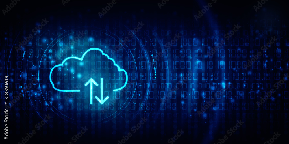 Poster 2d illustration uploading downloading arrow with cloud