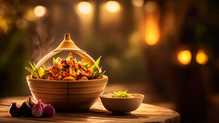 Delicious asian cuisine showcase outdoor dining food photography evening ambiance close-up culinary art