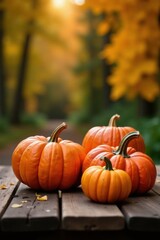 Colorful pumpkins on wooden table in autumn atmosphere, leaf, pumpkin, seasonal