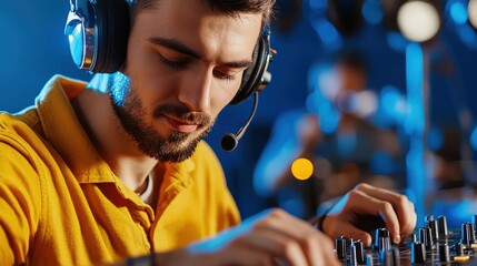 A DJ performing a live radio broadcast, adjusting the equalizer and effects while engaging with listeners on air .