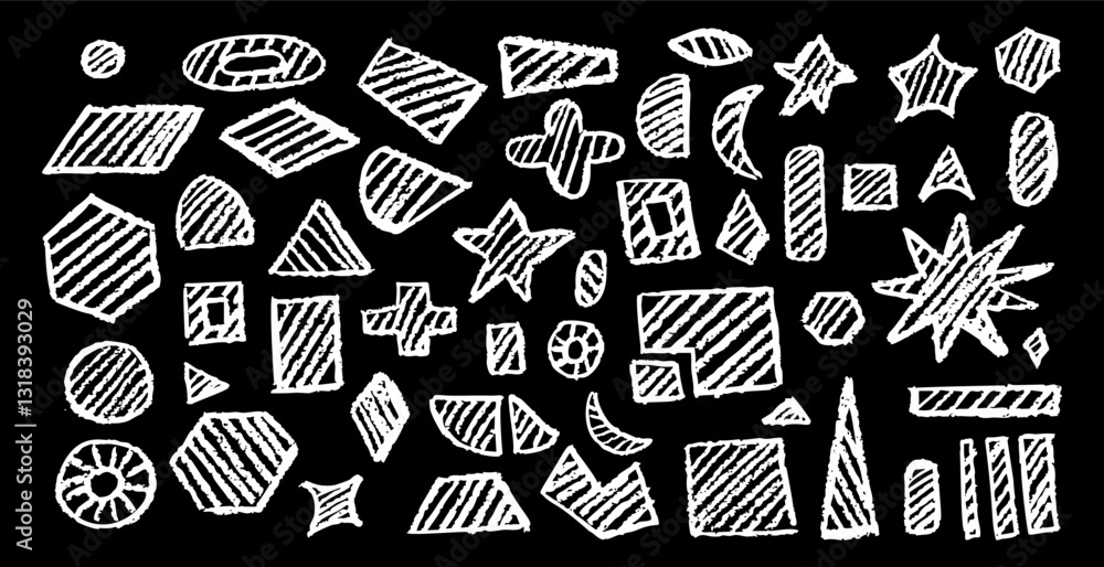 Poster set of abstract geometric basic shapes drawn with pastel white color or charcoal. hand drawn paint q