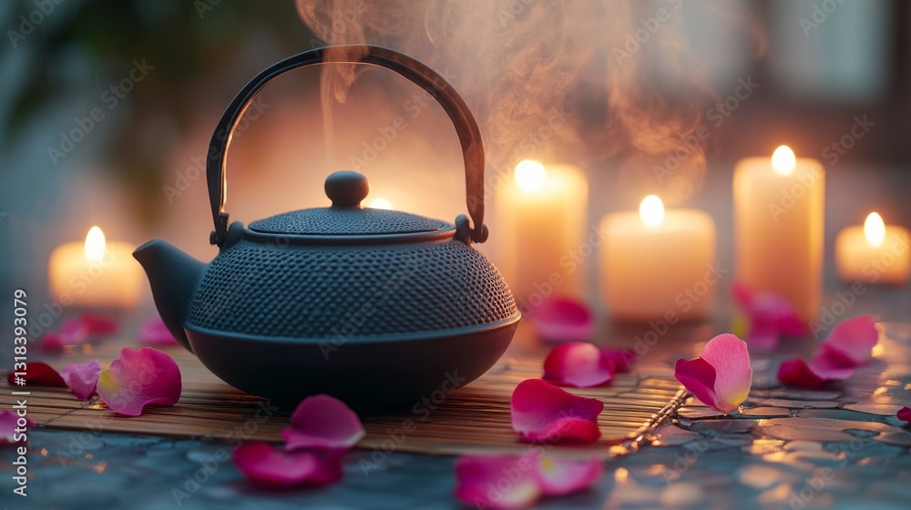 Poster Steaming kettle releases fragrant wisps as soft candlelight flickers around it. Petals adorn the surface, creating a tranquil atmosphere perfect for relaxation and reflection