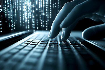 Fingers typing code into laptop as binary code streams from screen