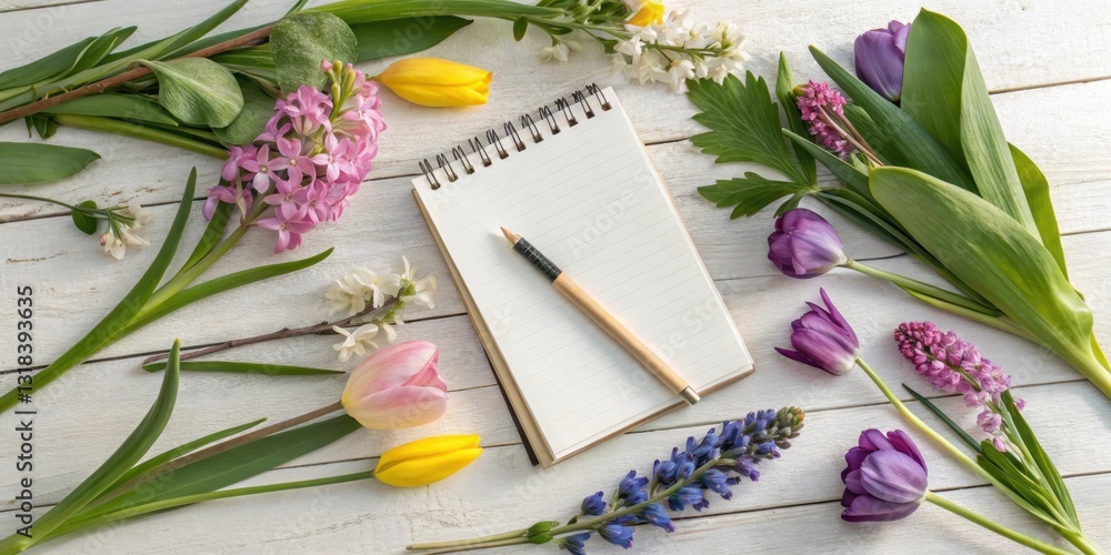 Aufkleber a blank notebook with a pencil resting on it surrounded by a variety of colorful spring flowers on a