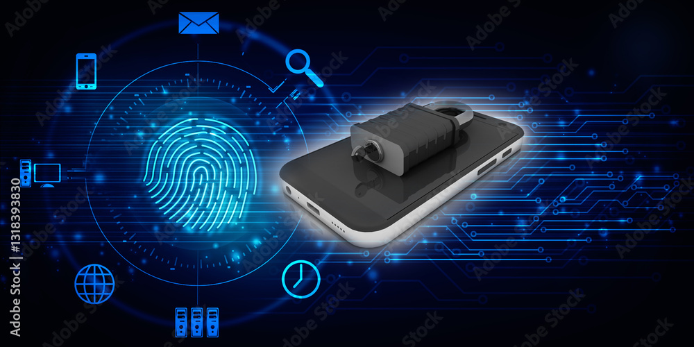 Poster 3d rendering transmitter mobile wifi with lock