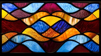 Stained glass artwork featuring vibrant blue and orange waves artistic studio decorative piece indoor environment close-up view