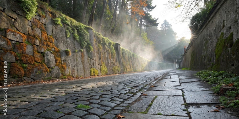 Poster cobblestone path winding through a misty forest, with a moss-covered stone wall lining the way