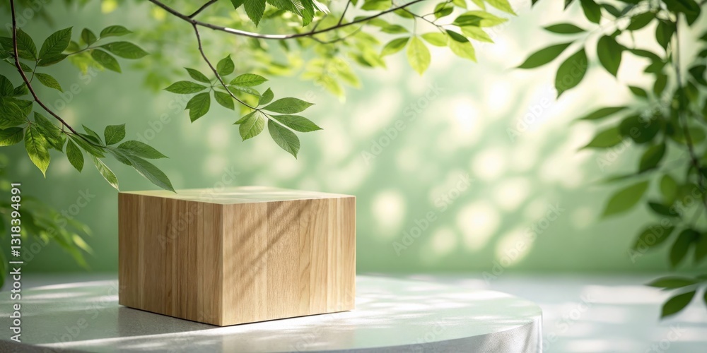 Leinwandbilder A natural wooden block rests on a round surface, partially obscured by foliage, casting shadows and creating a serene setting for display.