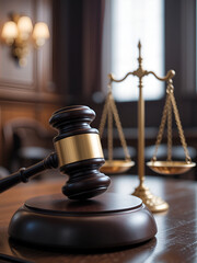 A close-up of a gavel and scales of justice in a courtroom, symbolizing law and order in a legal setting.