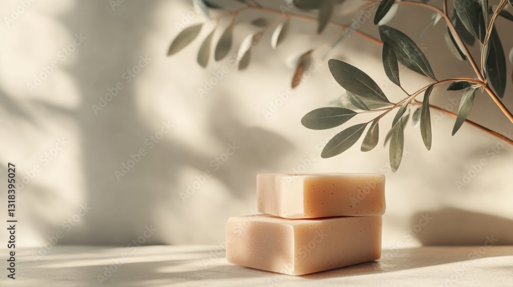 Poster two minimalist soap bars stacked on a surface with soft shadows and green leaves in the background
