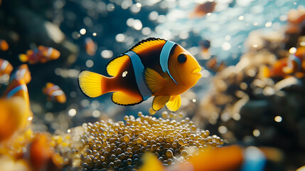 Fototapeta premium Colorful Clownfish Near Anemone In Coral Reef