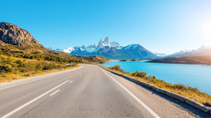 Naklejka premium A breathtaking travel destination with an open road leading to a beautiful mountain range at sunrise .