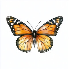 Fototapeta premium Illustration of the Monarch Butterfly in flight, soft watercolor tones, white background, detailed illustration, cartoonish.