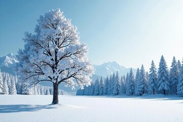 Obraz premium Isolated tree in a snow-covered forest landscape, cold weather, white snow,