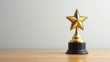 A small golden star trophy set on a wooden table against a white backdrop with space for text. Minimalist golden trophy on the desk.
