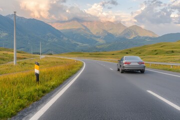 A classic road trip scene with a vintage car, winding highways, and scenic landscapes .