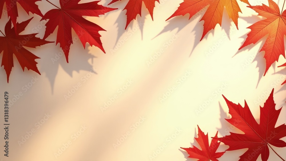 Poster autumn backdrop featuring red maple leaves on a table illuminated by sunlight.