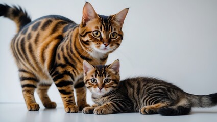 Obraz premium Adult Bengal cat embraces small kitten, both lying together and gazing at the camera.