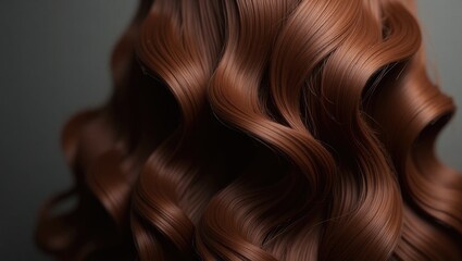 Naklejka premium Close-up of brown hair serving as a background. Women's long hair. Beautifully styled wavy shiny curls. Hair coloring. Hairdressing procedures, extension.